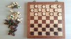 Pions de dames sur l'échiquier, pièces d'échecs posées à côté montrant leur base feutrée