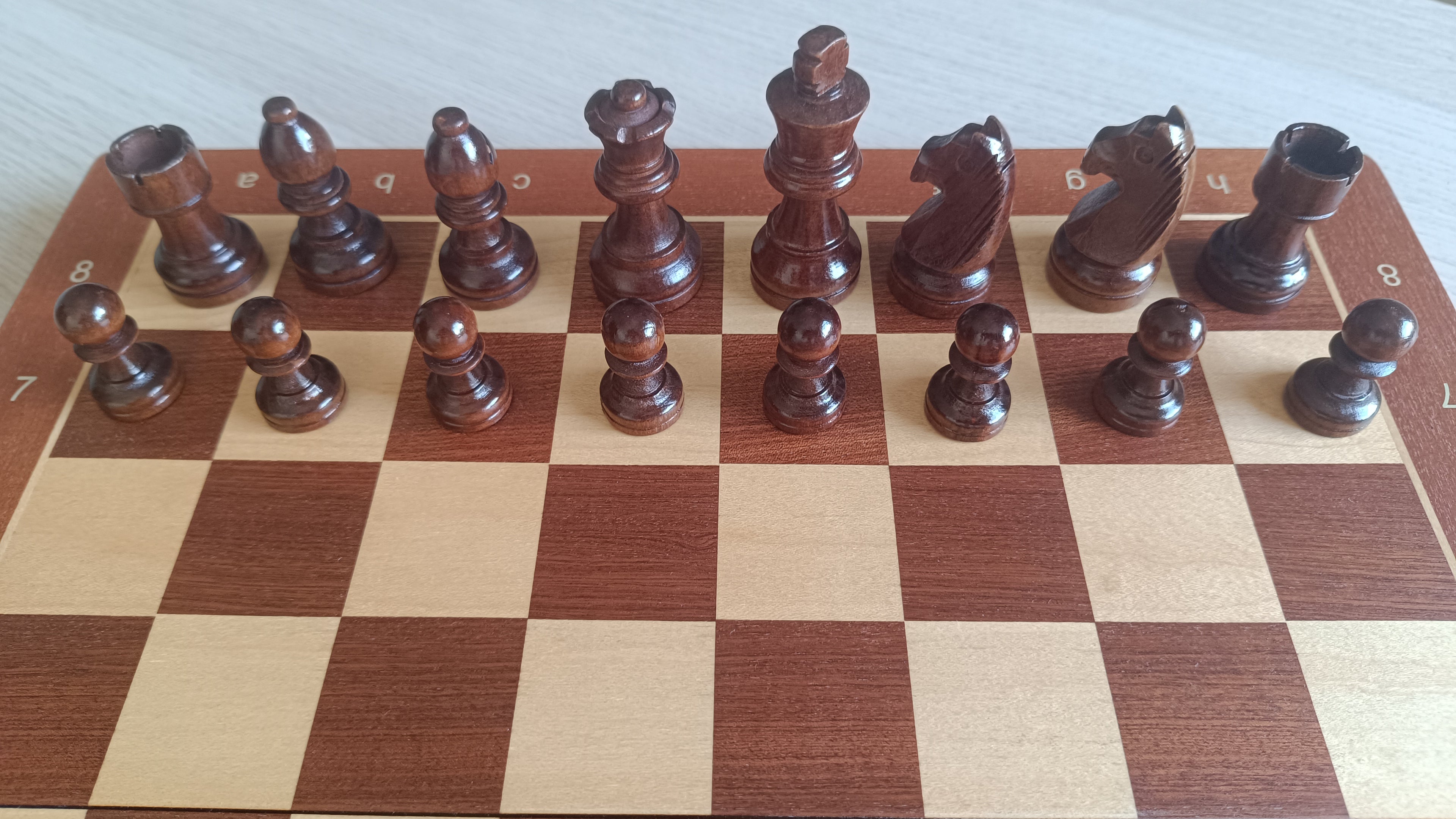 Rangée complète des pièces d'échecs foncées aimantées sur l'échiquier en bois