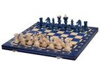 Jeu d'échecs Ambassador New Line bleu : échiquier pliant en bois et pièces sculptées à la main