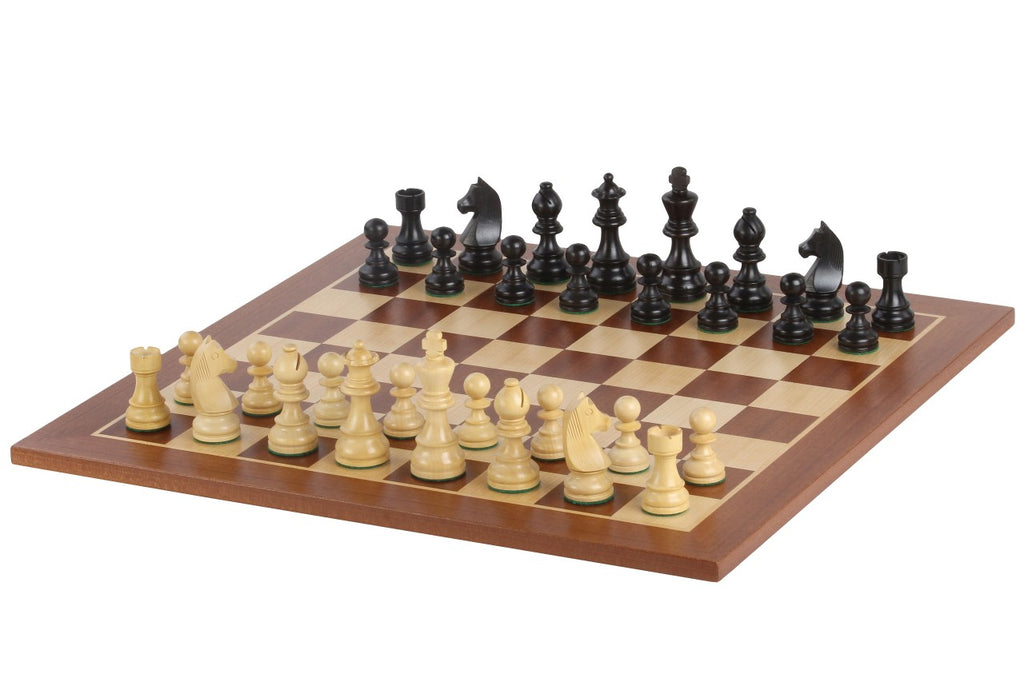 Ensemble d'échecs taille 5 : échiquier en padouk et sycomore avec pièces Timeless Ebonized